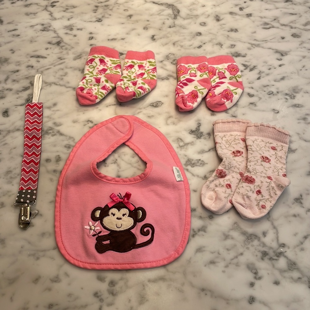 Bundle of Baby 1st Year Items - Barely Used - Pacifier Clip, 3 Pairs Socks, Bib